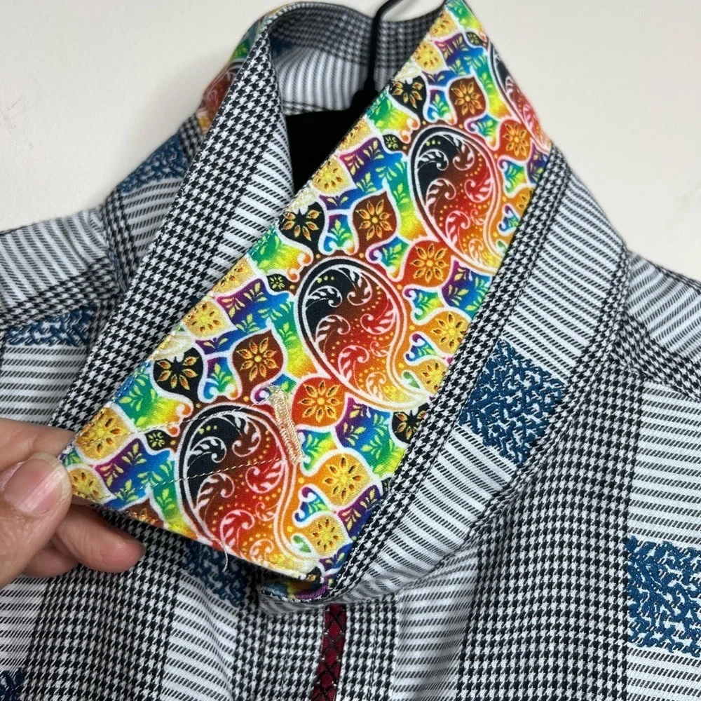 Robert Graham Houndstooth Stripe Embroidered Dress Shirt Large - Picture 15 of 15